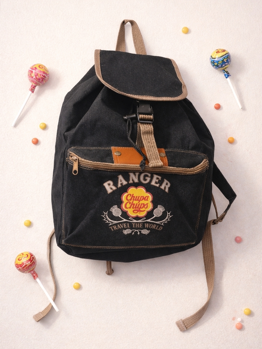 Vintage 1999 Chupa Chups Black Denim Backpack Promo Rare Y2K Collectible NOS